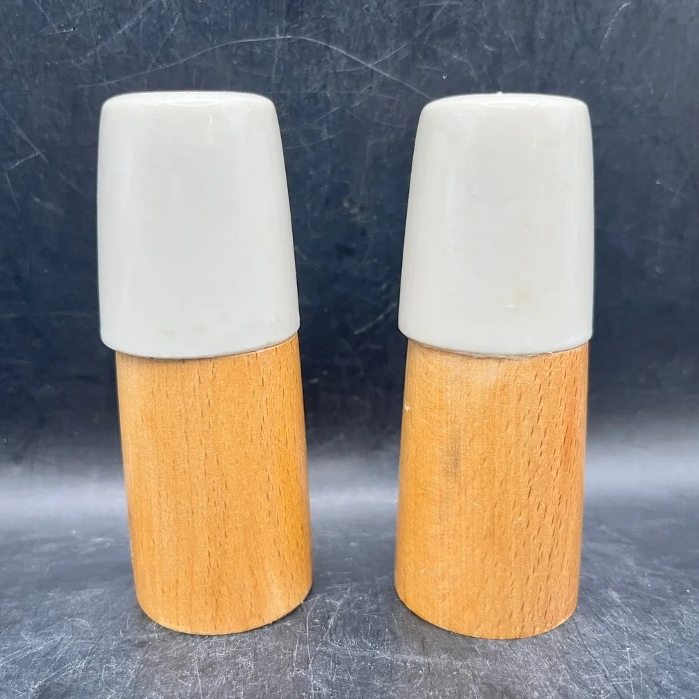VTG MCM‎ Wood Salt & Pepper Shakers Ceramic Tops 3.5